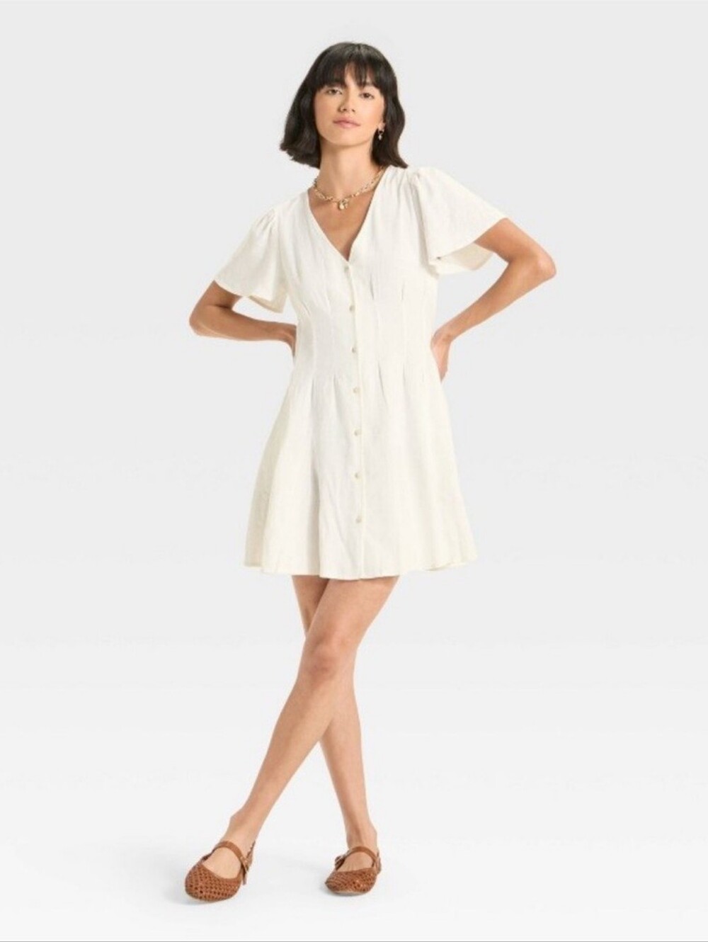 Universal Thread Cream Button-Front V-Neck Mini Dress